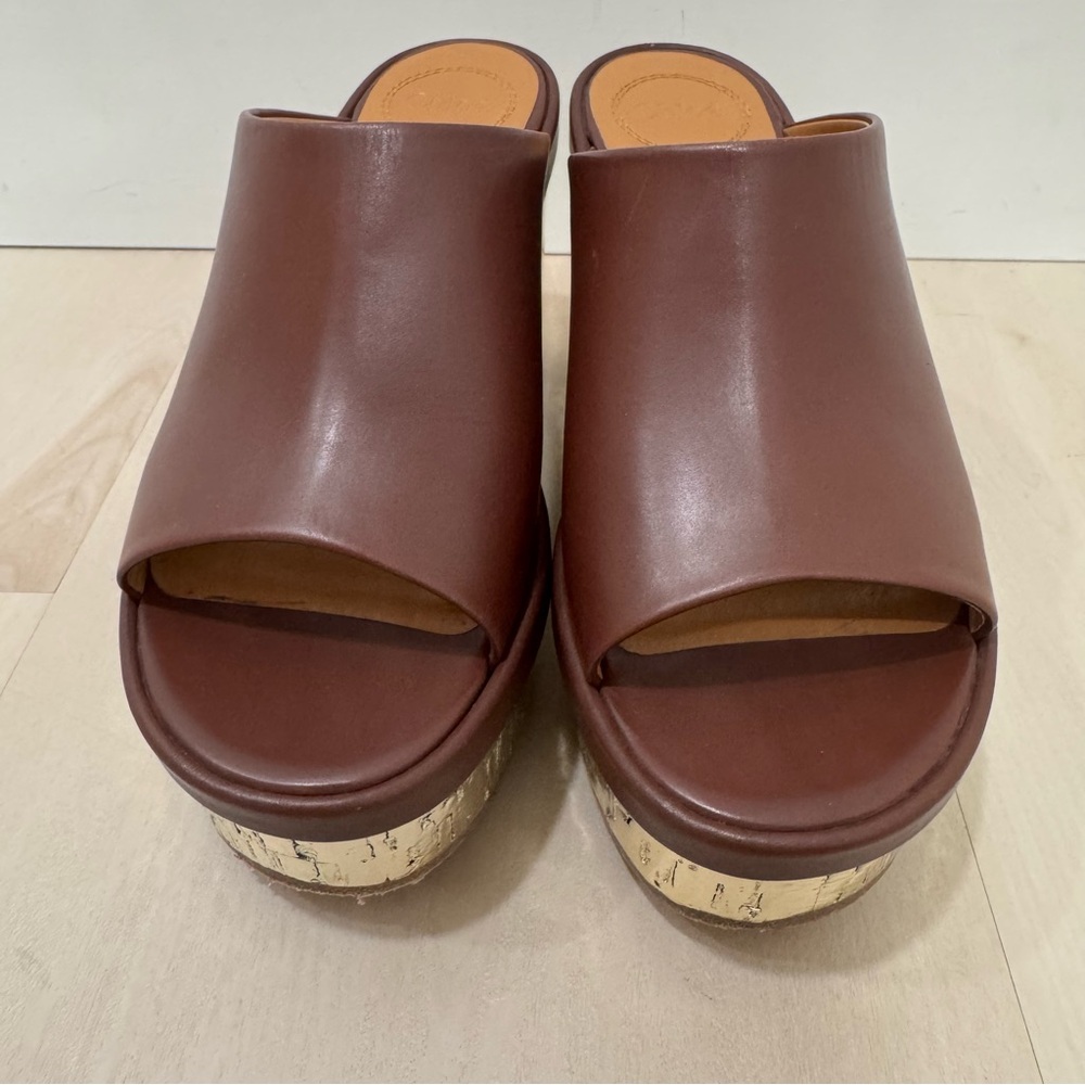 Chloe Oil Leather Cork Platform Mule Sandals Women's 36 = US 6 Brown Gold Italy - Picture 5 of 16